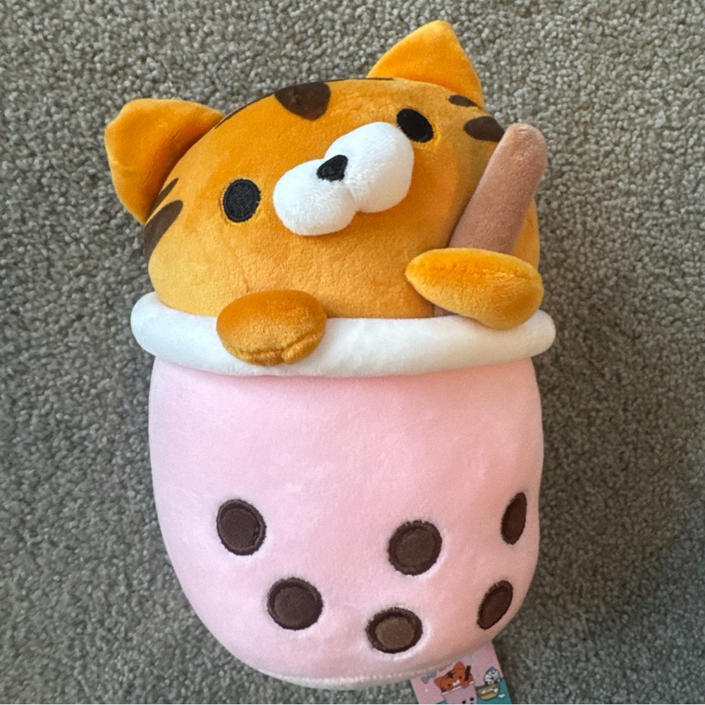 Takashoji Plush Orange Cat Peeping From Boba Tea Drink With Straw 8” Japan NWT